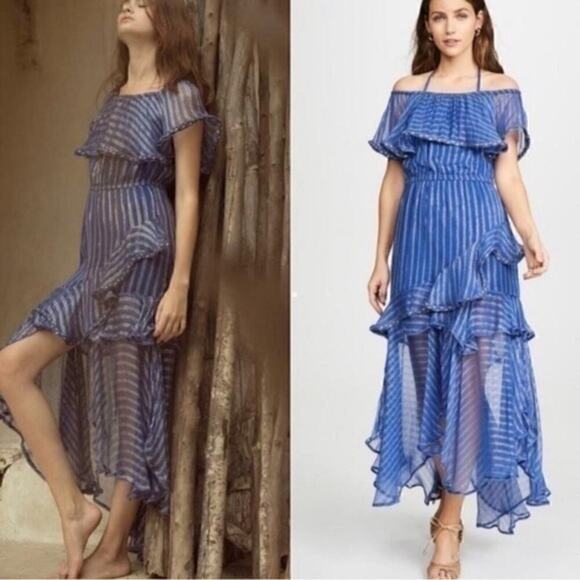 Misa Los Angeles Dress Blue Gold Medium Ambrosia Ruffle Hem Boho Festival NEW - Picture 1 of 16